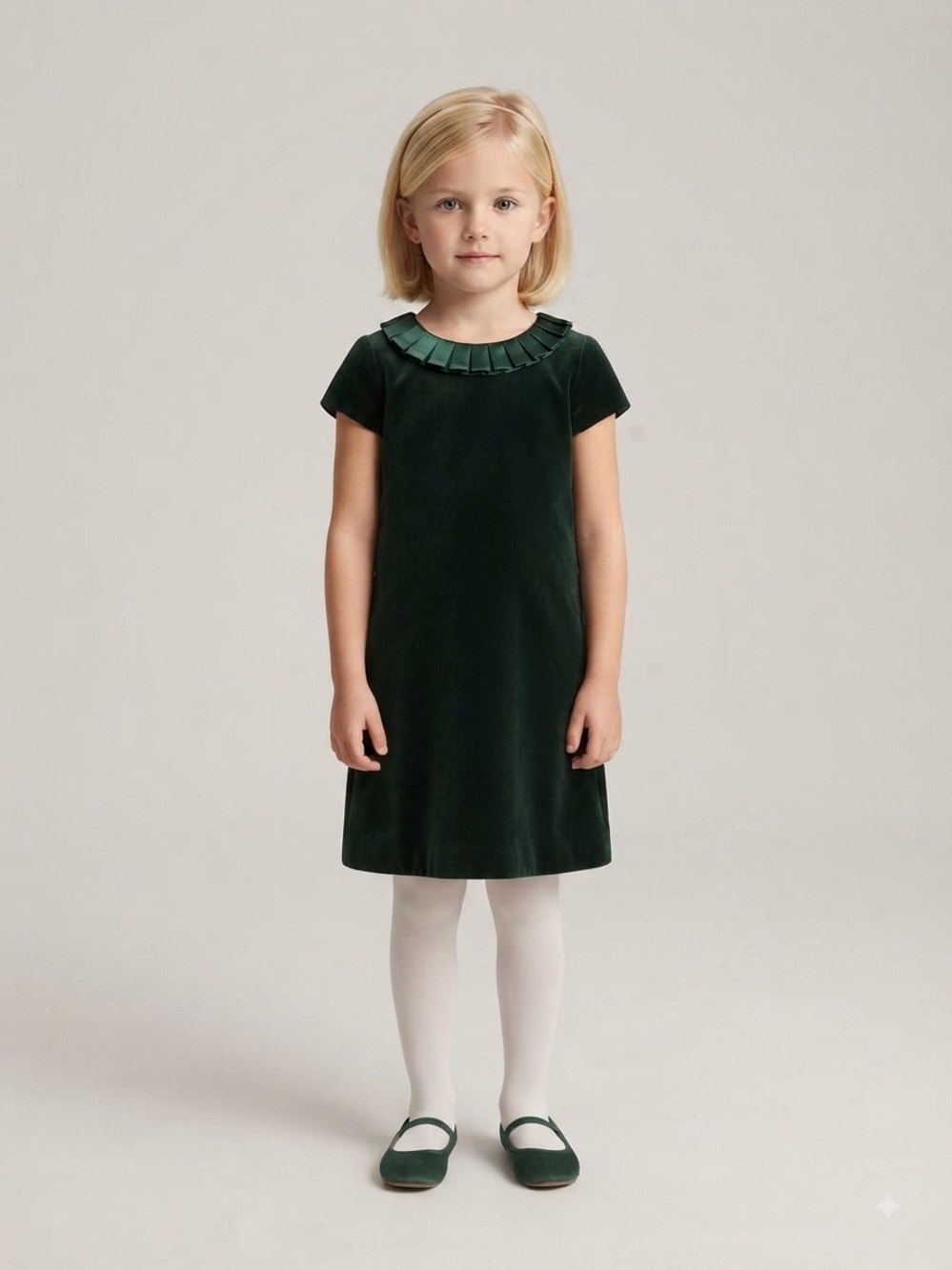 Florence Eiseman Girls Deep Green Velvet Dress with Pleated Ruffle Collar Size 6